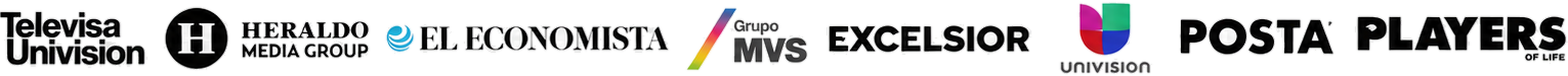 Logotipos de medios: Televisa Univision, Heraldo Media Group, El Economista, Grupo MVS, Excélsior, Univision, Posta y Players of Life